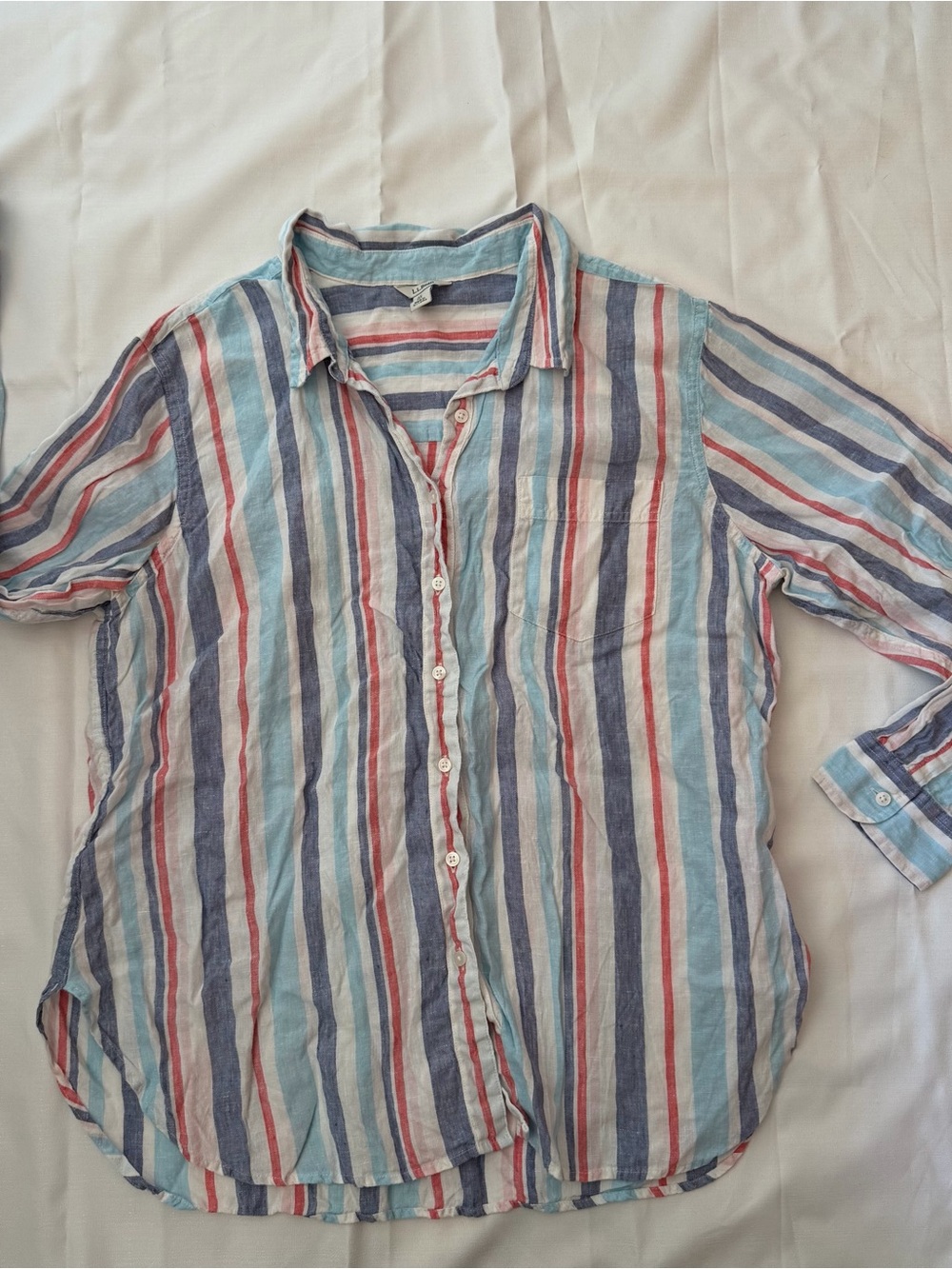 LL Bean 100% linen striped button up collared shirt size women’s XL Petite